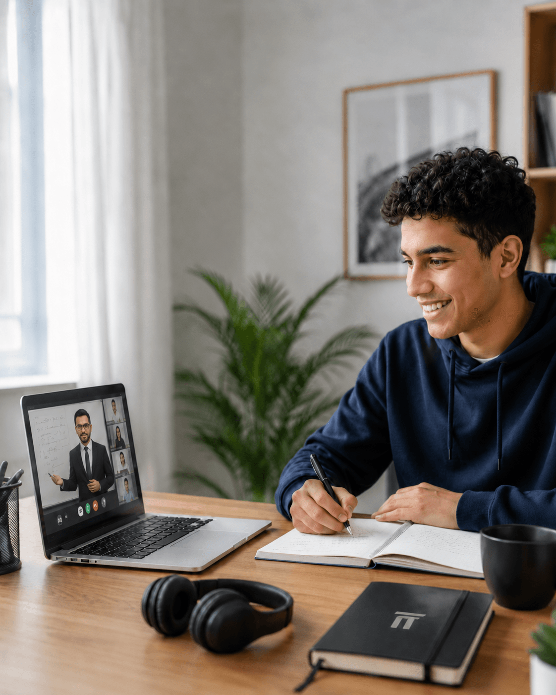 An Aramon student attending a live remote class on a video call.