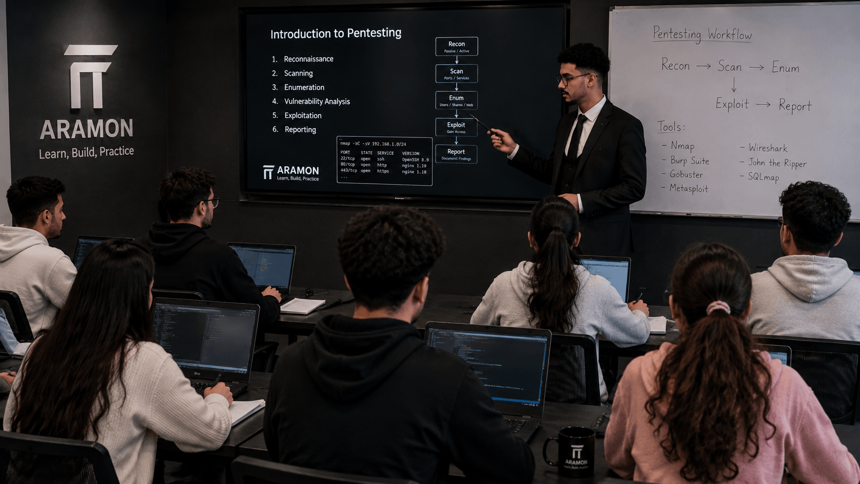 An Aramon instructor leading a technical cohort lesson in the on-campus classroom.